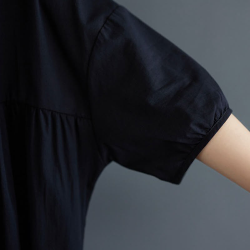 Buddha Stones Casual Solid Color Pleated Design Crew Neck Half Puff Sleeve Cotton Maxi Dress