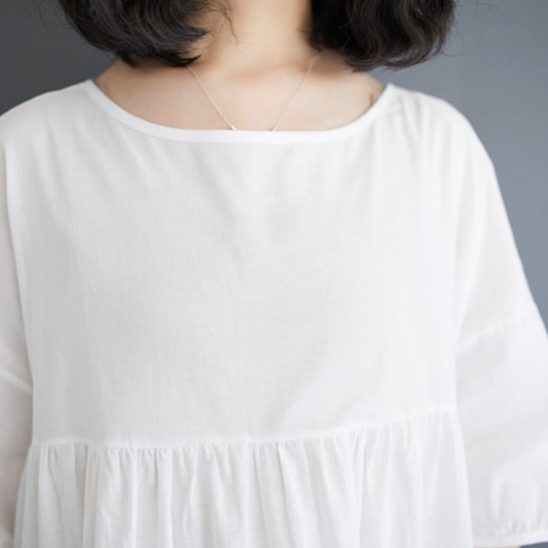 Buddha Stones Casual Solid Color Pleated Design Crew Neck Half Puff Sleeve Cotton Maxi Dress