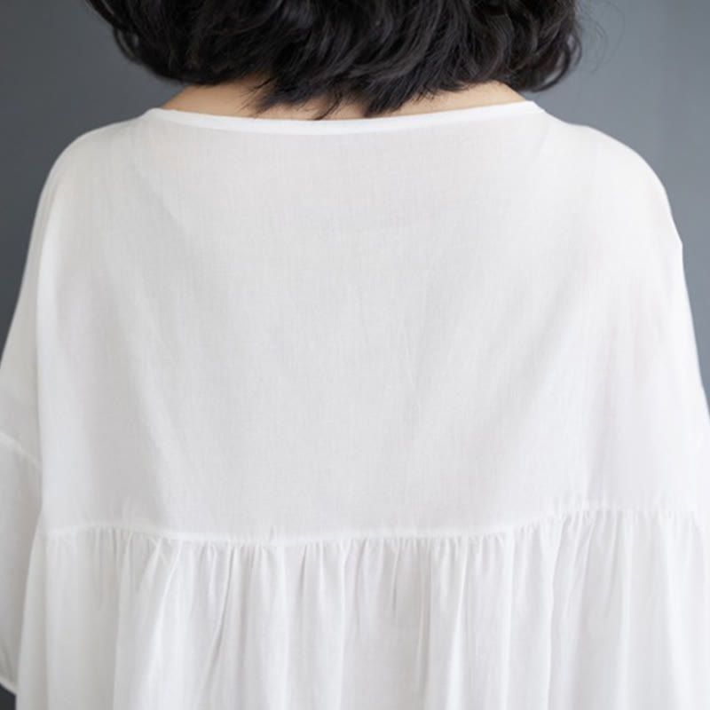 Buddha Stones Casual Solid Color Pleated Design Crew Neck Half Puff Sleeve Cotton Maxi Dress