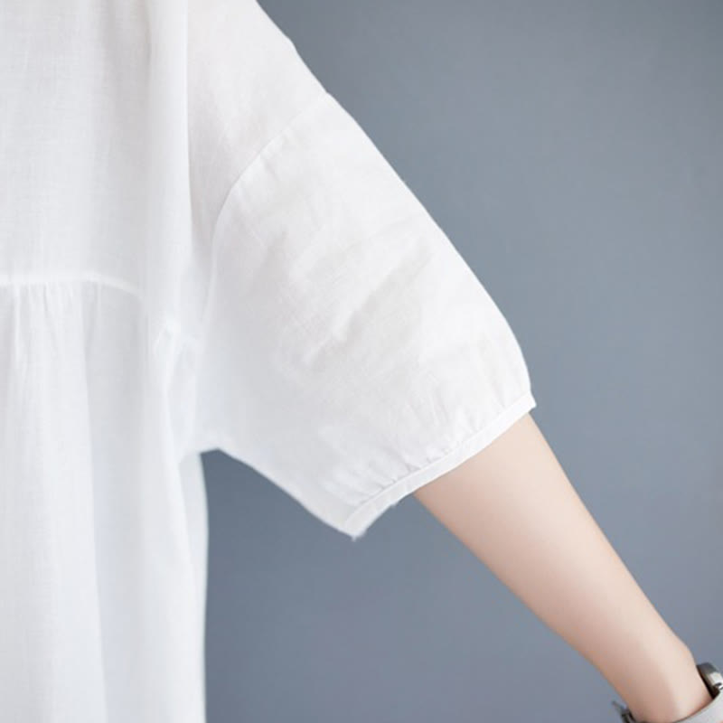 Buddha Stones Casual Solid Color Pleated Design Crew Neck Half Puff Sleeve Cotton Maxi Dress