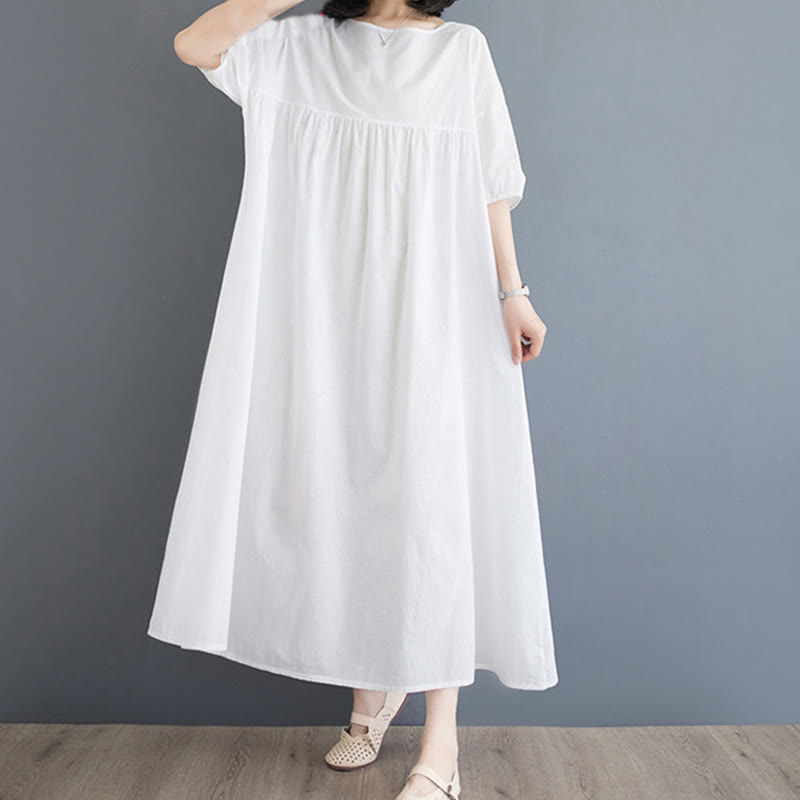 Buddha Stones Casual Solid Color Pleated Design Crew Neck Half Puff Sleeve Cotton Maxi Dress