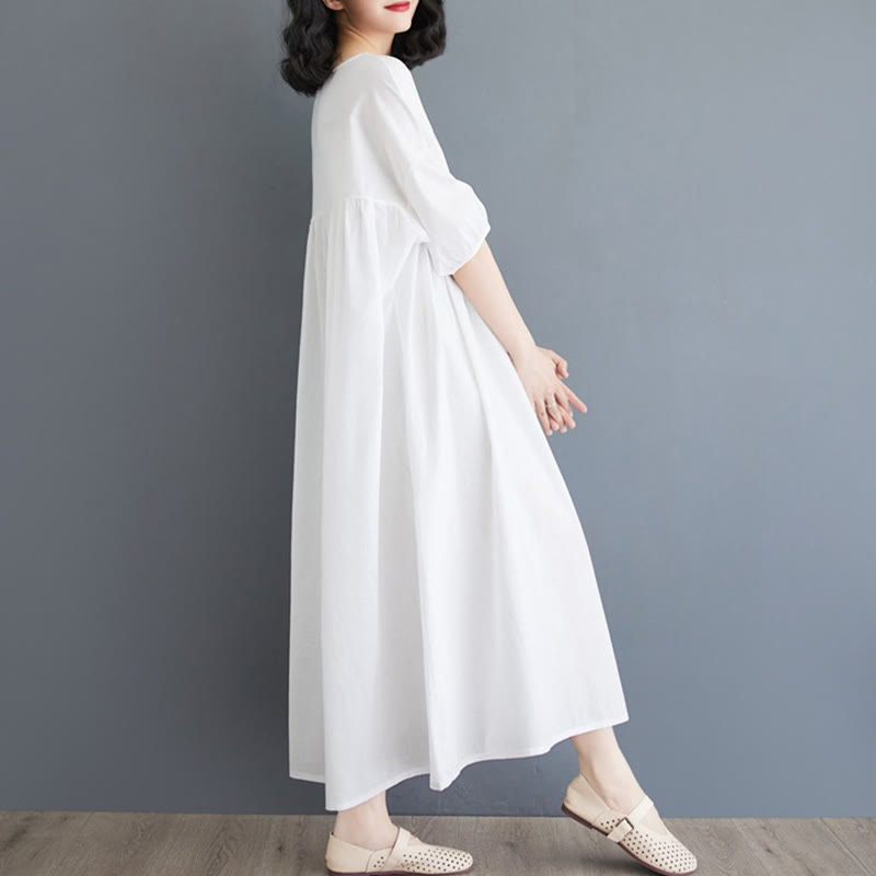 Buddha Stones Casual Solid Color Pleated Design Crew Neck Half Puff Sleeve Cotton Maxi Dress