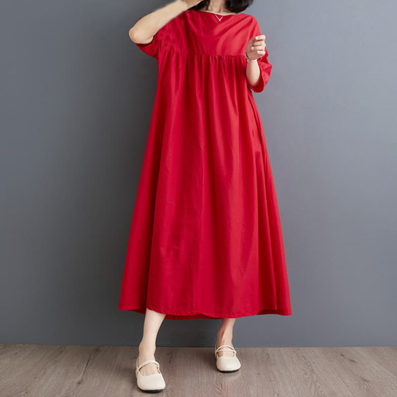 Buddha Stones Casual Solid Color Pleated Design Crew Neck Half Puff Sleeve Cotton Maxi Dress