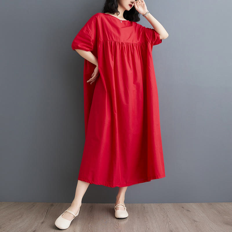 Buddha Stones Casual Solid Color Pleated Design Crew Neck Half Puff Sleeve Cotton Maxi Dress