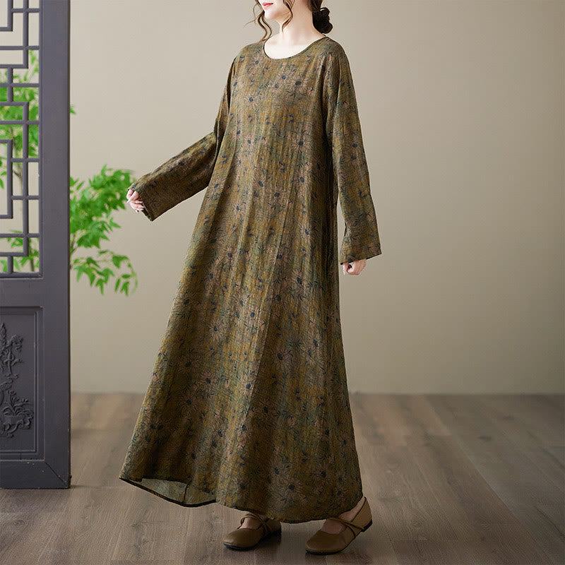 Buddha Stones Vintage Olive Printing Flower Long Sleeve Cotton Linen Maxi Dress With Pockets