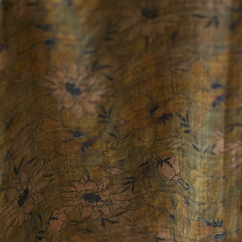 Buddha Stones Vintage Olive Printing Flower Long Sleeve Cotton Linen Maxi Dress With Pockets