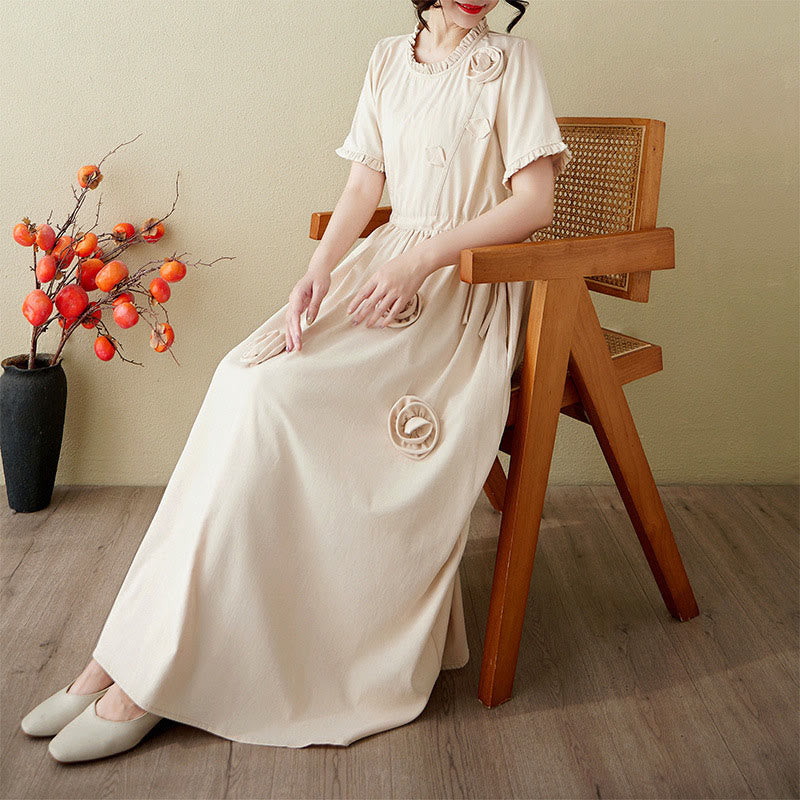 Buddha Stones Three-Dimensional Flower Design Ruffled Neck Cotton Linen Maxi Dress With Pockets