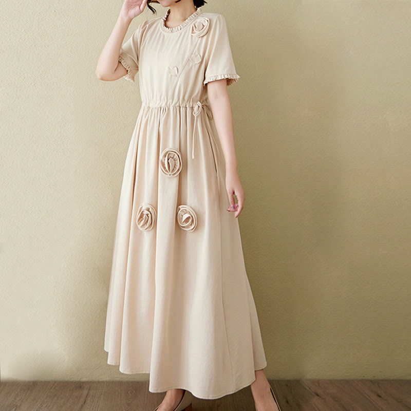 Buddha Stones Three-Dimensional Flower Design Ruffled Neck Cotton Linen Maxi Dress With Pockets
