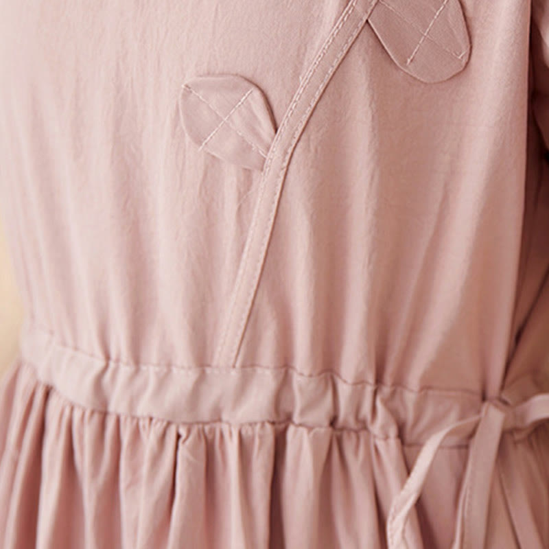 Buddha Stones Three-Dimensional Flower Design Ruffled Neck Cotton Linen Maxi Dress With Pockets