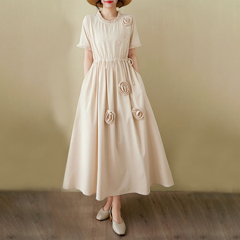 Buddha Stones Three-Dimensional Flower Design Ruffled Neck Cotton Linen Maxi Dress With Pockets