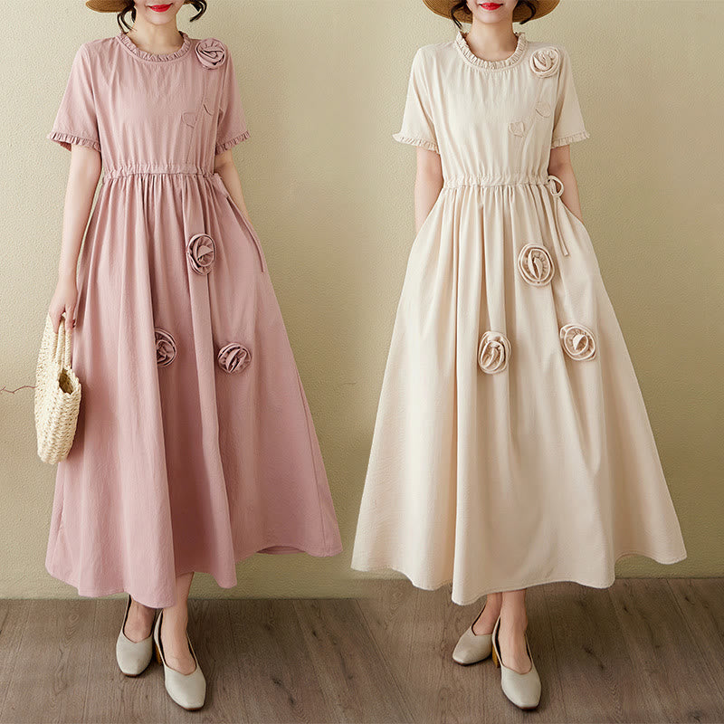 Buddha Stones Three-Dimensional Flower Design Ruffled Neck Cotton Linen Maxi Dress With Pockets