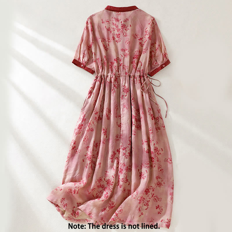 Buddha Stones Retro Printing Buttons Design Drawstring High Waist Cotton Midi Dress With Pockets