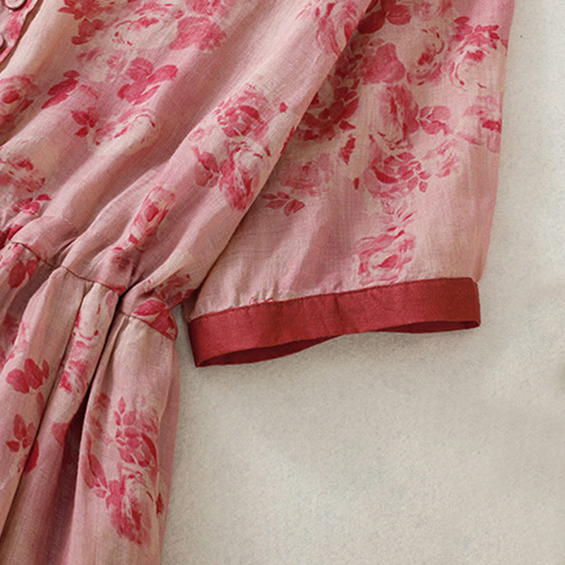 Buddha Stones Retro Printing Buttons Design Drawstring High Waist Cotton Midi Dress With Pockets