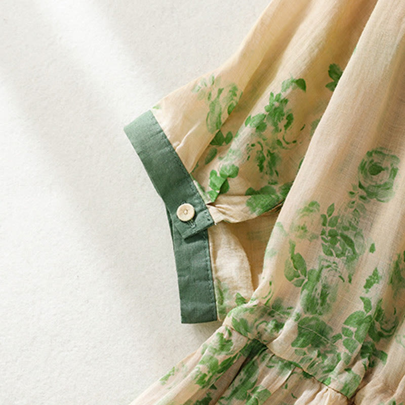 Buddha Stones Retro Printing Buttons Design Drawstring High Waist Cotton Midi Dress With Pockets