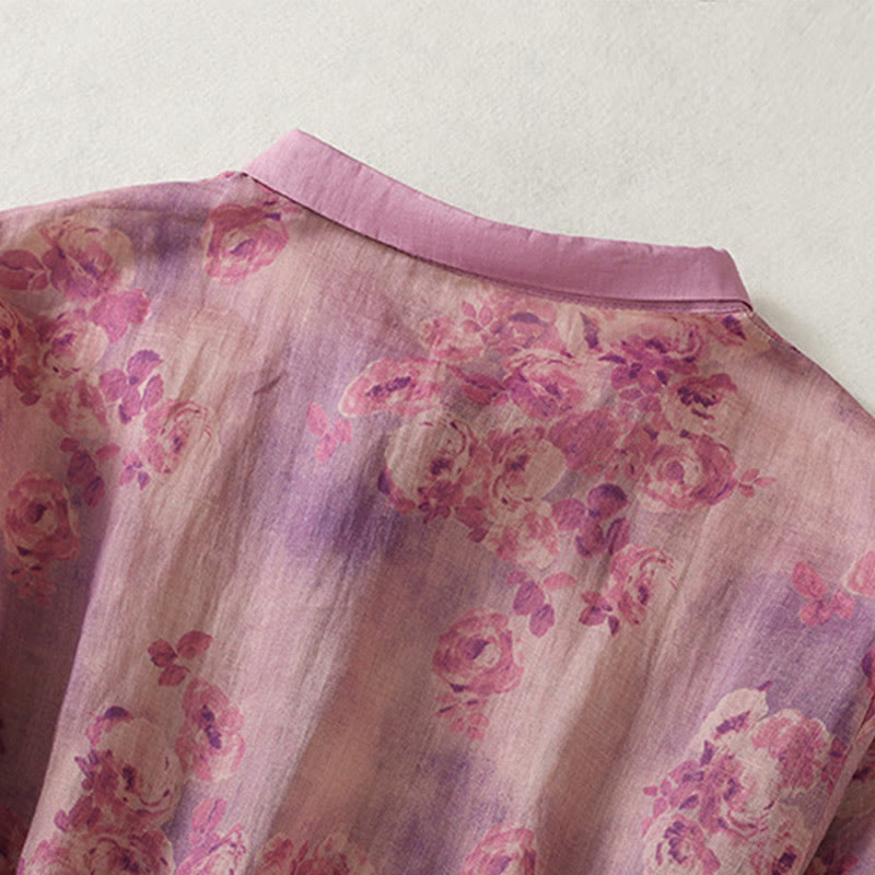 Buddha Stones Retro Printing Buttons Design Drawstring High Waist Cotton Midi Dress With Pockets