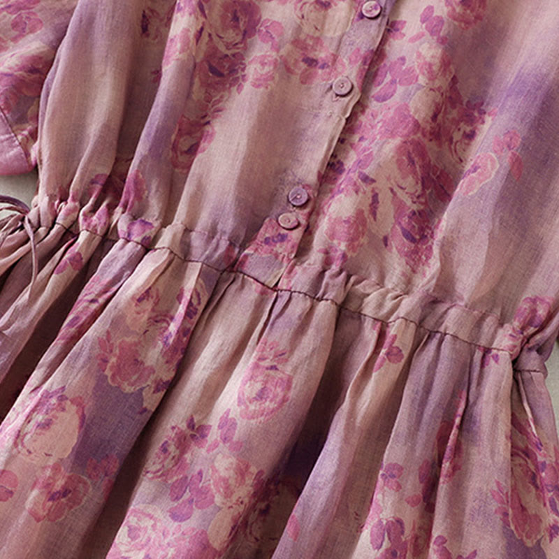 Buddha Stones Retro Printing Buttons Design Drawstring High Waist Cotton Midi Dress With Pockets