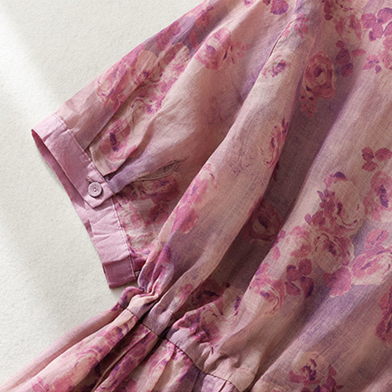 Buddha Stones Retro Printing Buttons Design Drawstring High Waist Cotton Midi Dress With Pockets