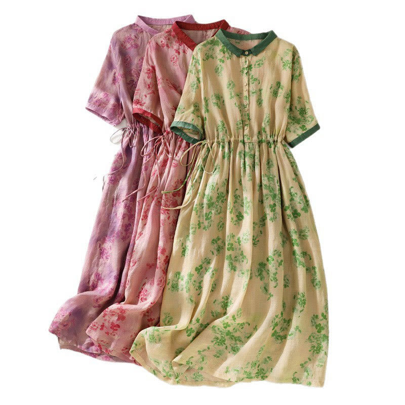 Buddha Stones Retro Printing Buttons Design Drawstring High Waist Cotton Midi Dress With Pockets