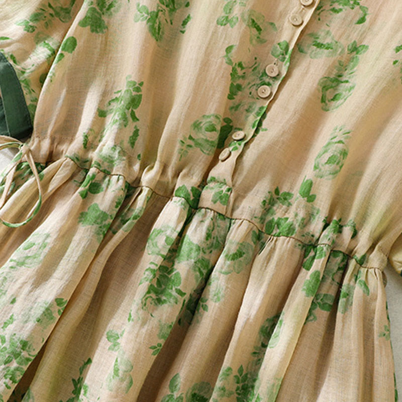 Buddha Stones Retro Printing Buttons Design Drawstring High Waist Cotton Midi Dress With Pockets