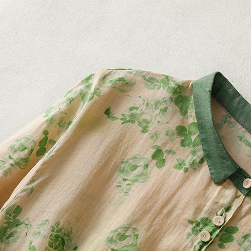 Buddha Stones Retro Printing Buttons Design Drawstring High Waist Cotton Midi Dress With Pockets