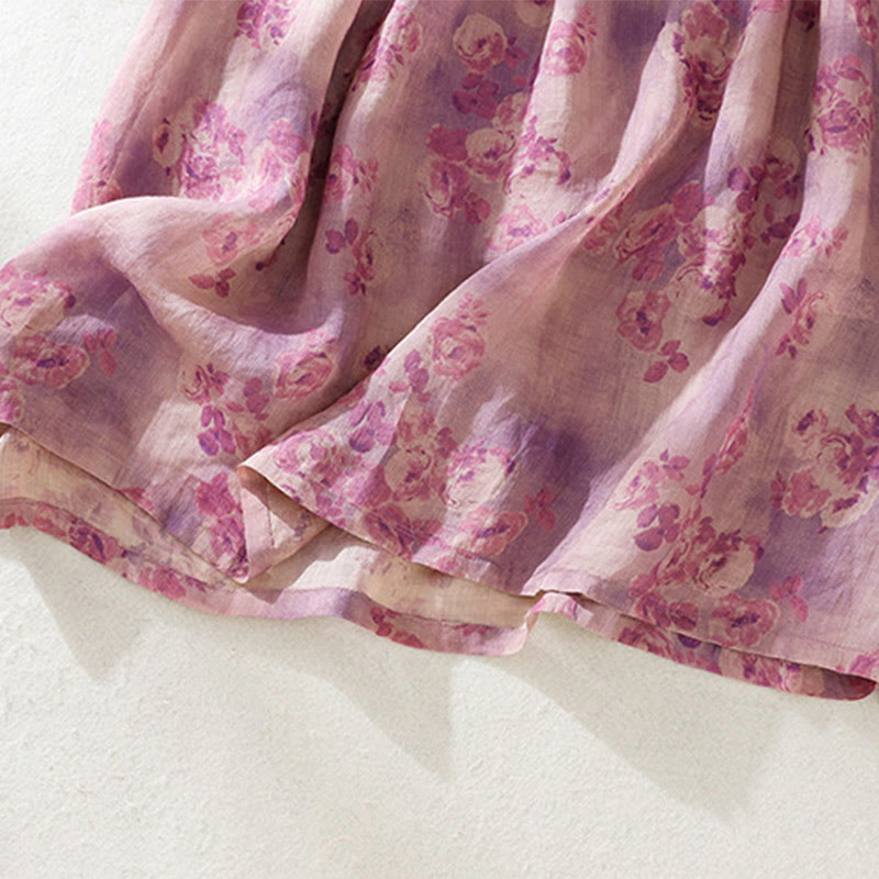 Buddha Stones Retro Printing Buttons Design Drawstring High Waist Cotton Midi Dress With Pockets