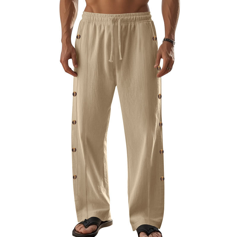 Buddha Stones Solid Color Side Buttons Men's Cotton Pants With Pockets