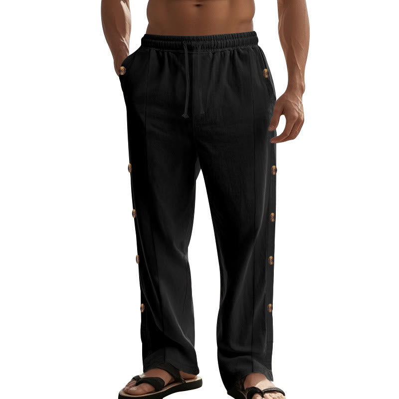 Buddha Stones Solid Color Side Buttons Men's Cotton Pants With Pockets