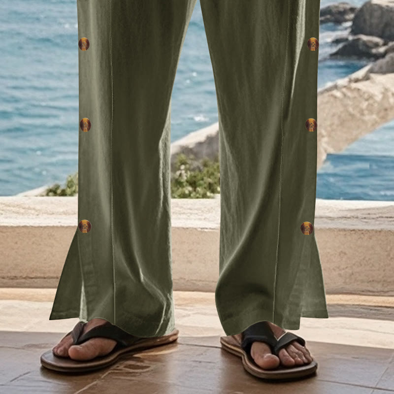 Buddha Stones Solid Color Side Buttons Men's Cotton Pants With Pockets