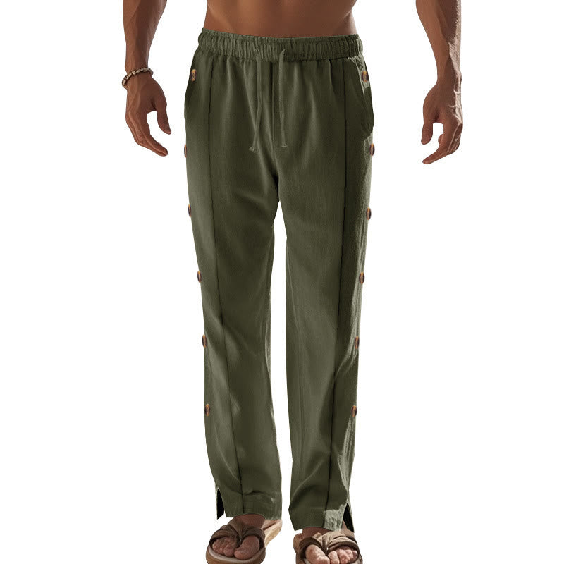 Buddha Stones Solid Color Side Buttons Men's Cotton Pants With Pockets