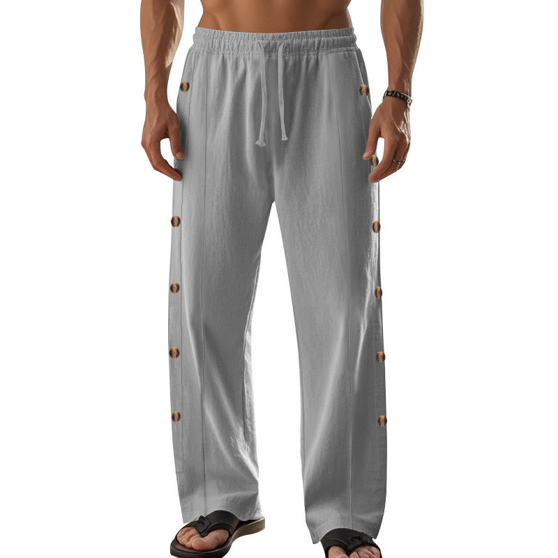 Buddha Stones Solid Color Side Buttons Men's Cotton Pants With Pockets