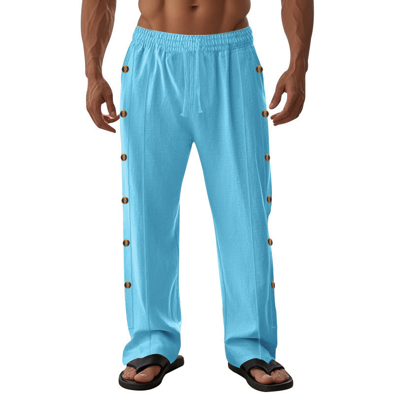 Buddha Stones Solid Color Side Buttons Men's Cotton Pants With Pockets