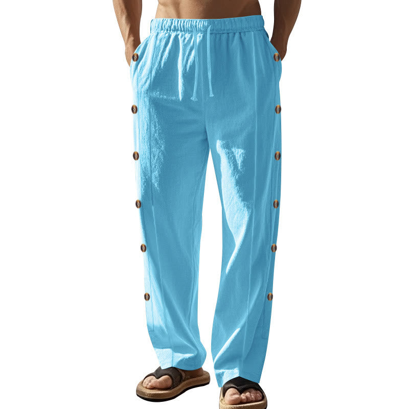 Buddha Stones Solid Color Side Buttons Men's Cotton Pants With Pockets