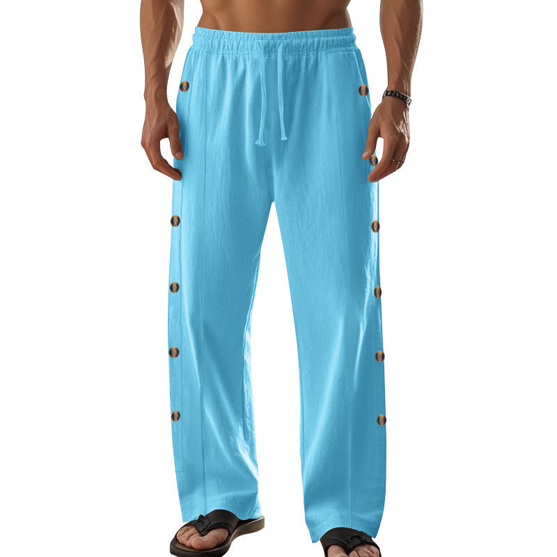 Buddha Stones Solid Color Side Buttons Men's Cotton Pants With Pockets