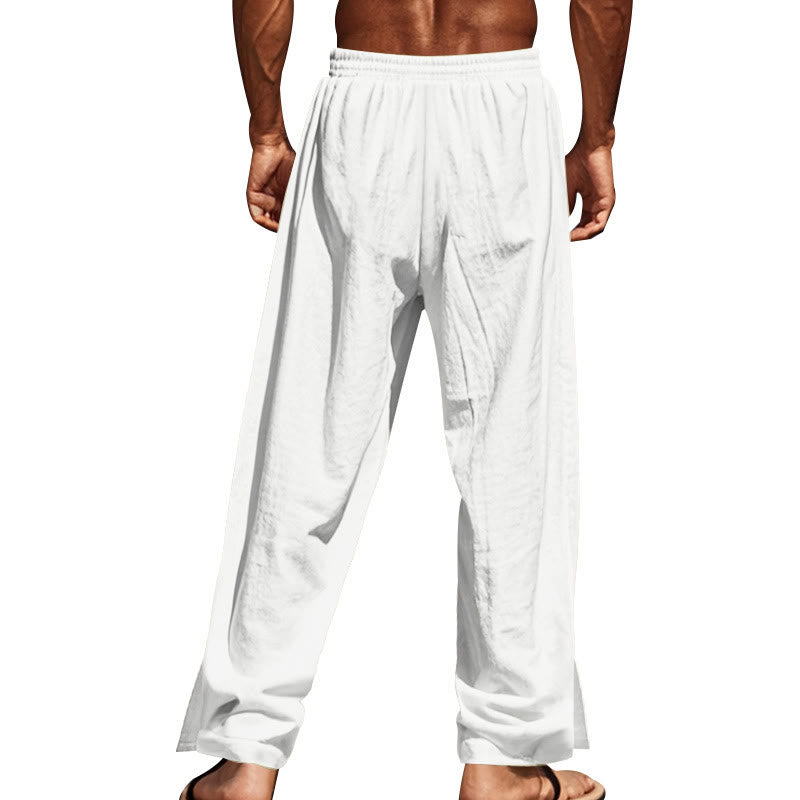 Buddha Stones Solid Color Side Buttons Men's Cotton Pants With Pockets