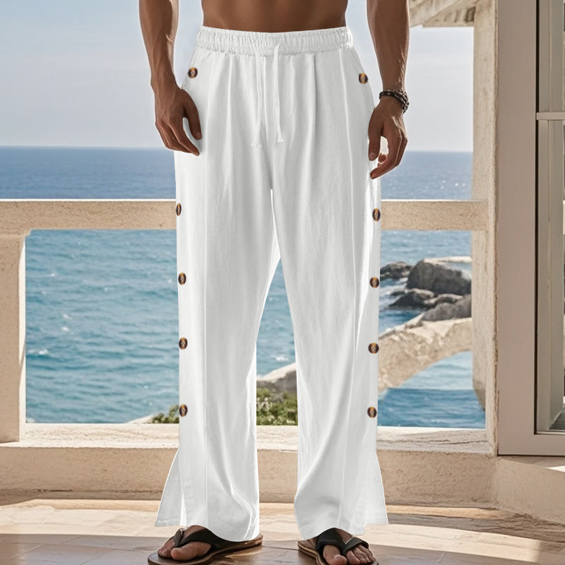 Buddha Stones Solid Color Side Buttons Men's Cotton Pants With Pockets