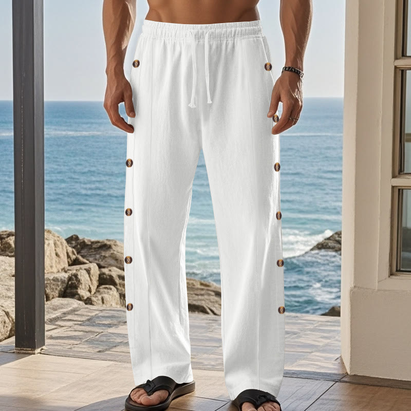Buddha Stones Solid Color Side Buttons Men's Cotton Pants With Pockets