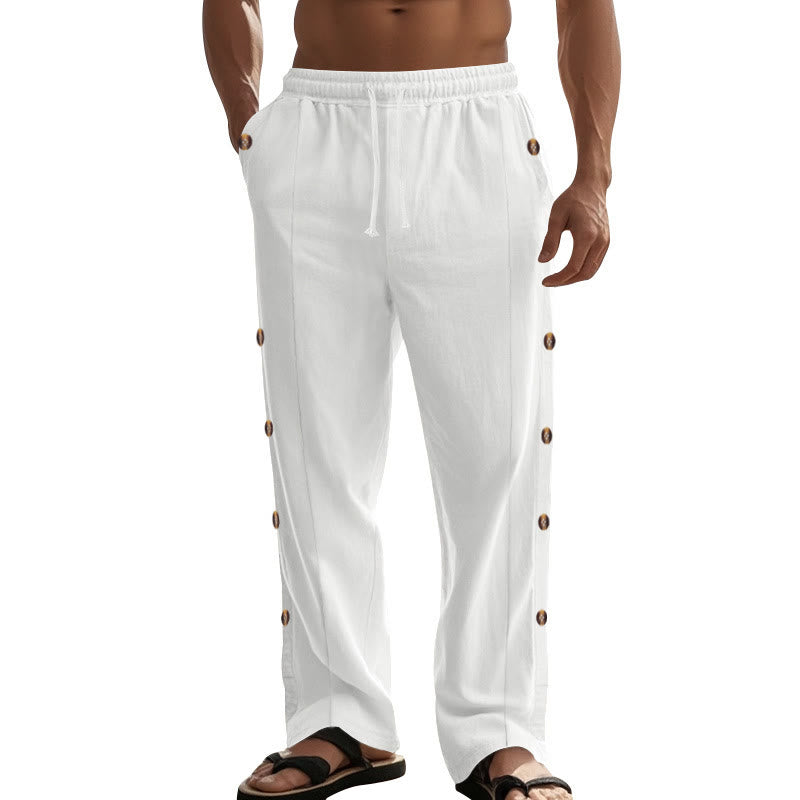 Buddha Stones Solid Color Side Buttons Men's Cotton Pants With Pockets