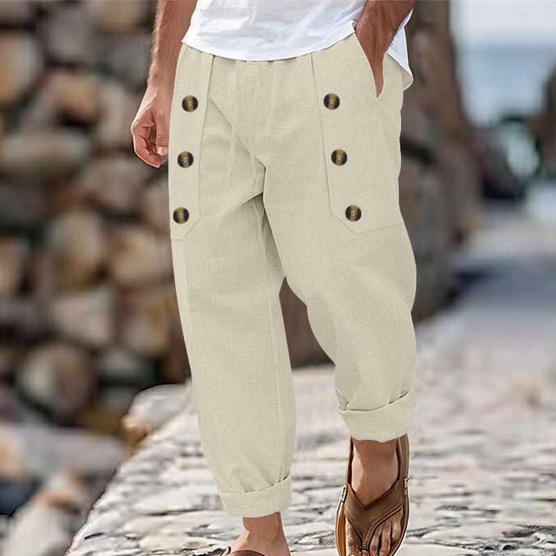 Buddha Stones Casual Plain Color Buttons Men's Cotton Pants With Pockets