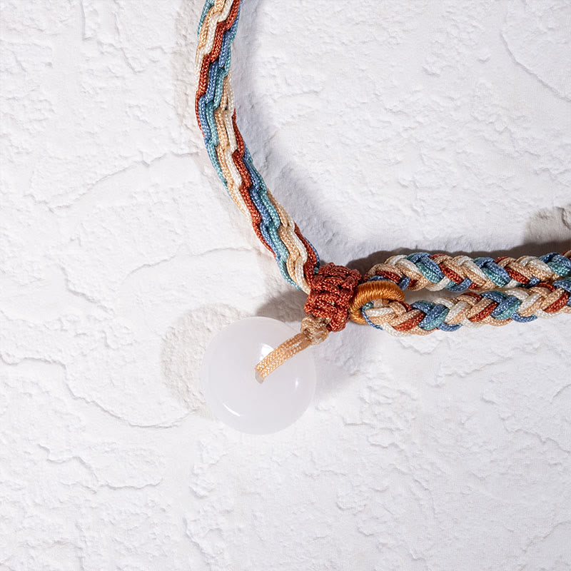 Buddha Stones Natural Hetian Jade Peace Buckle Protection Colored Rope Braided Bracelet