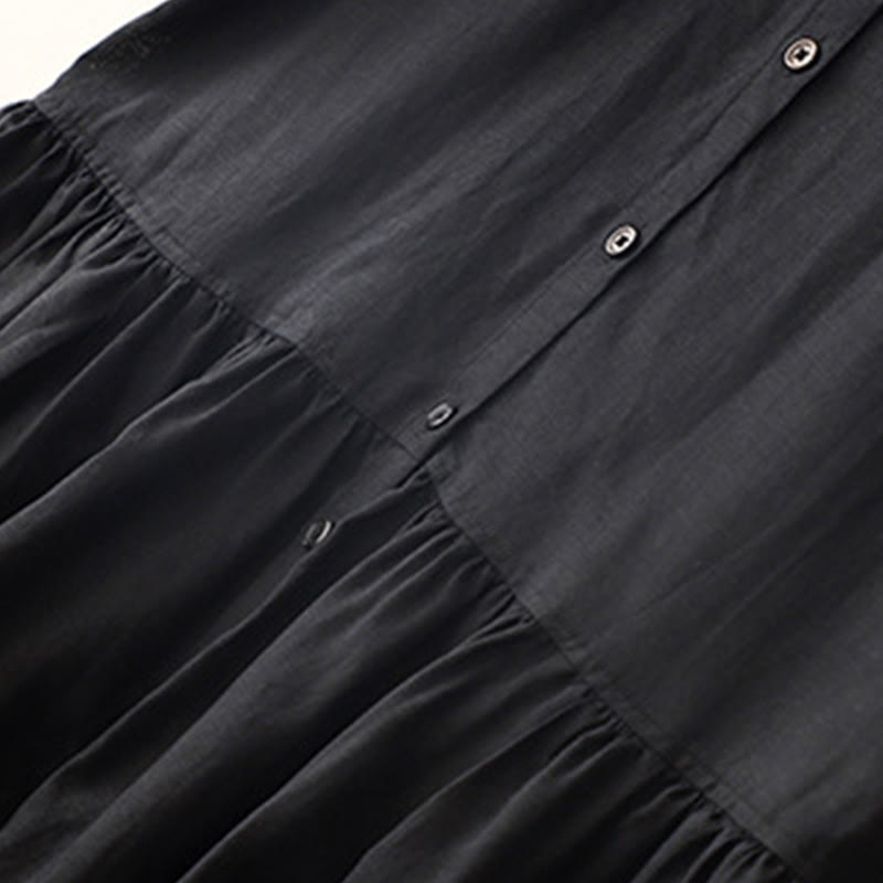 Buddha Stones Commute Pure Color Buttons Design Cotton Linen Midi Dress With Pockets