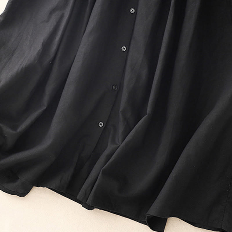 Buddha Stones Commute Pure Color Buttons Design Cotton Linen Midi Dress With Pockets