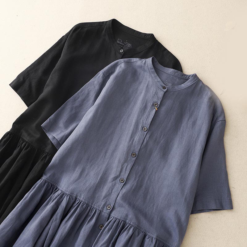 Buddha Stones Commute Pure Color Buttons Design Cotton Linen Midi Dress With Pockets