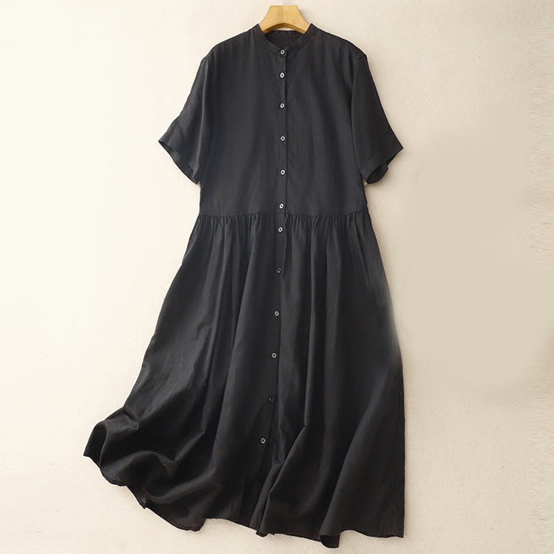 Buddha Stones Commute Pure Color Buttons Design Cotton Linen Midi Dress With Pockets
