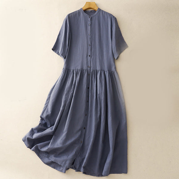 Buddha Stones Commute Pure Color Buttons Design Cotton Linen Midi Dress With Pockets