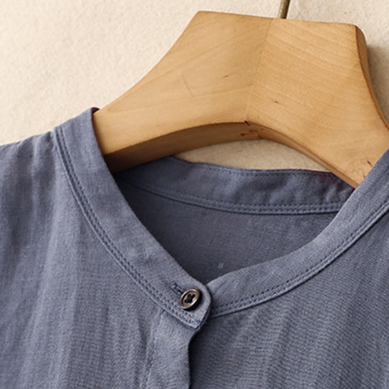 Buddha Stones Commute Pure Color Buttons Design Cotton Linen Midi Dress With Pockets