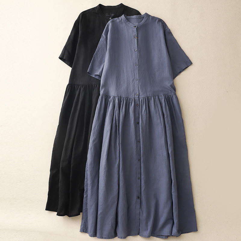 Buddha Stones Commute Pure Color Buttons Design Cotton Linen Midi Dress With Pockets