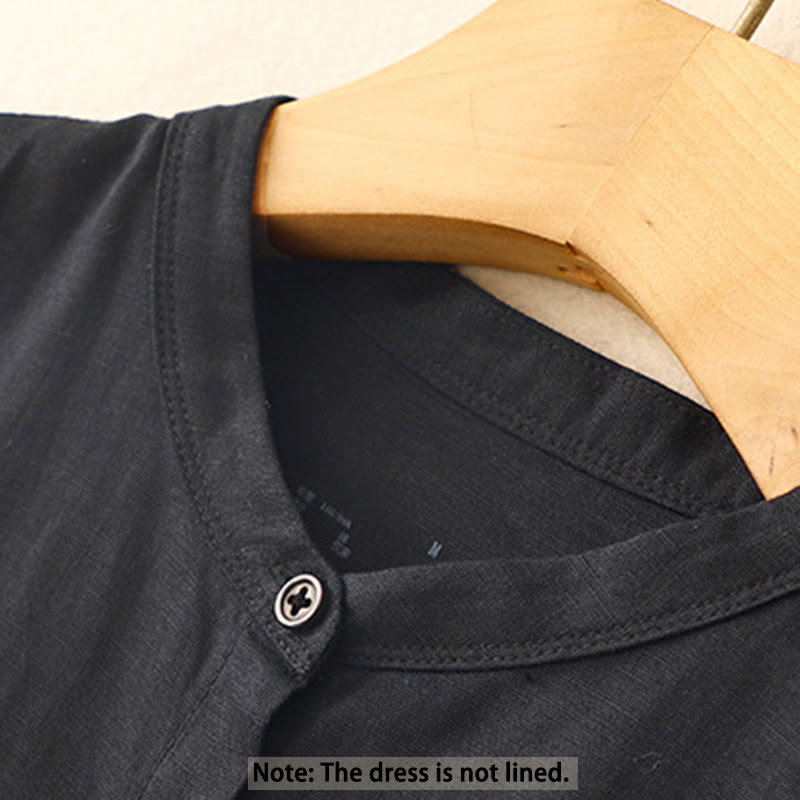 Buddha Stones Commute Pure Color Buttons Design Cotton Linen Midi Dress With Pockets