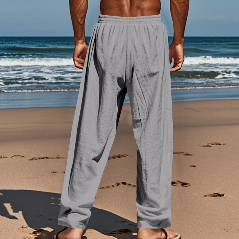 Buddha Stones Solid Color Buttons Drawstring Men's Cotton Pants With Pockets