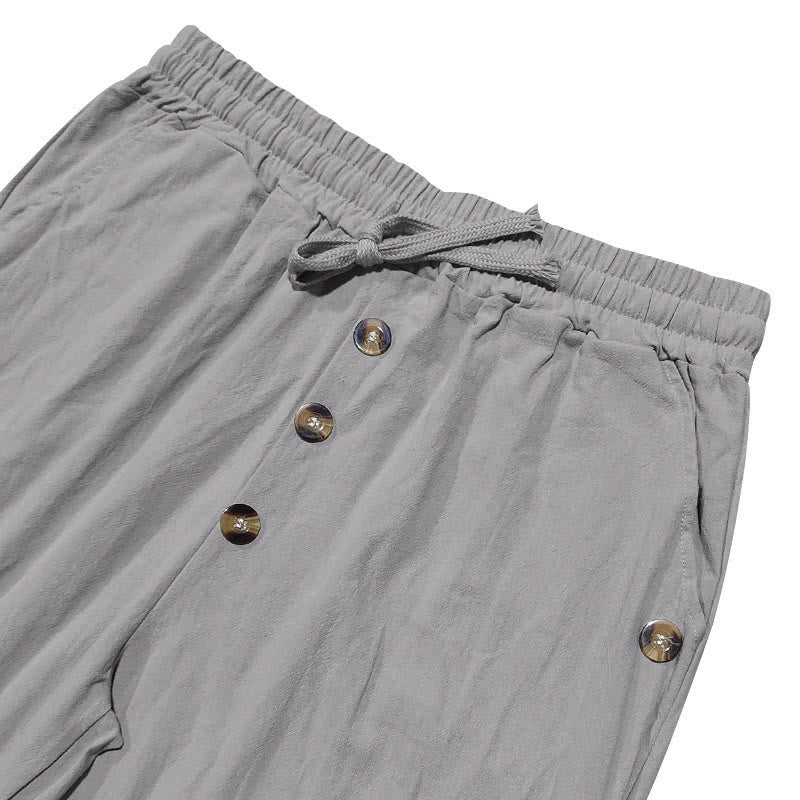Buddha Stones Solid Color Buttons Drawstring Men's Cotton Pants With Pockets