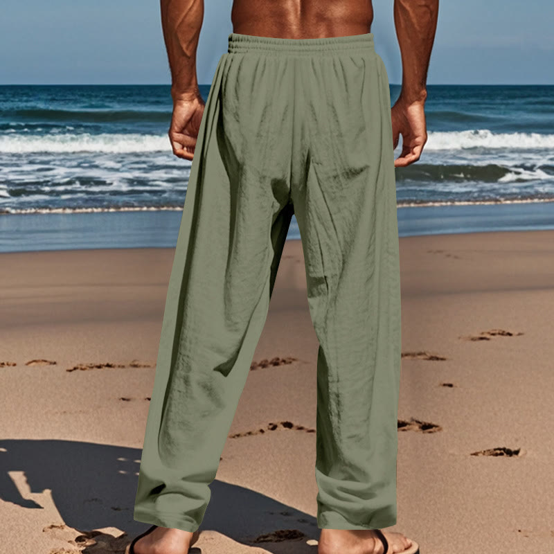 Buddha Stones Solid Color Buttons Drawstring Men's Cotton Pants With Pockets